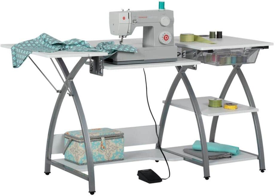 Sew Ready Comet Plus Sewing 56.75 in. W Rectangular Silver/White MDF 1 Drawer Desk with Wire Mesh Drawer and Folding Side Shelf