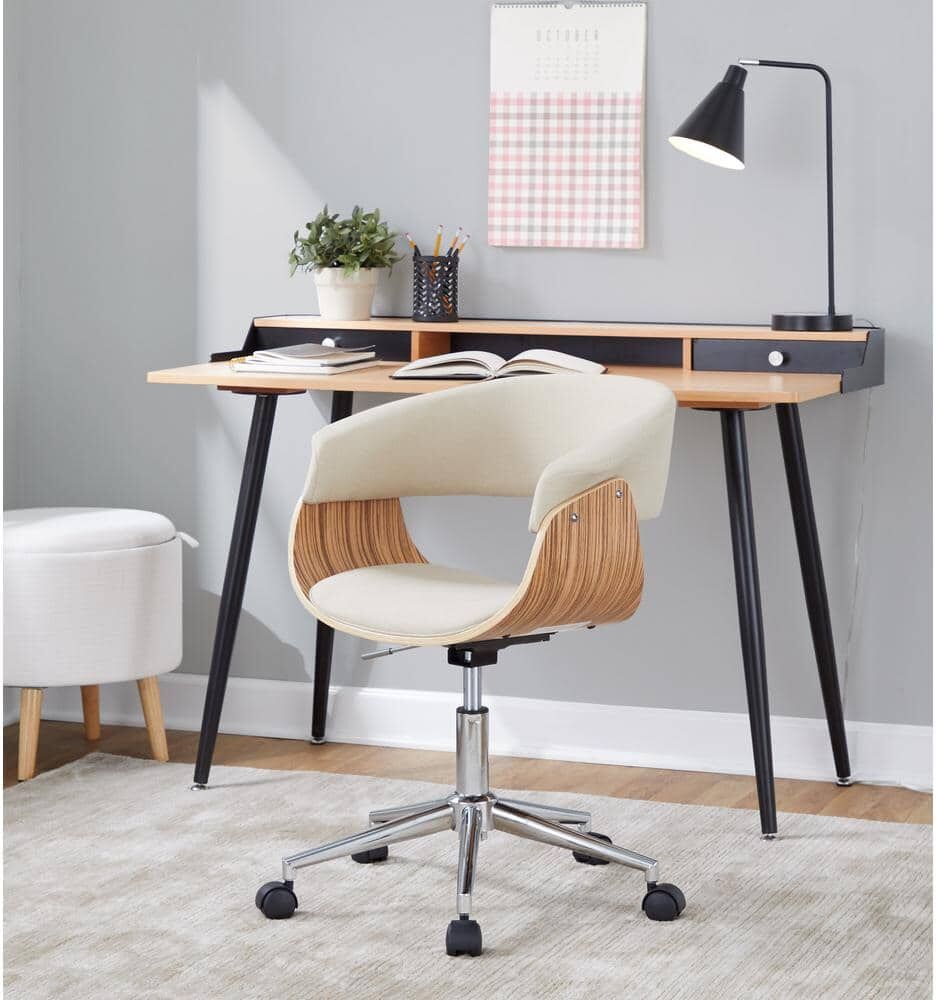 Lumisource Vintage Mod Fabric Adjustable Height Office Chair in Cream Fabric, Zebra Wood and Chrome Metal with 5-Star Caster Base