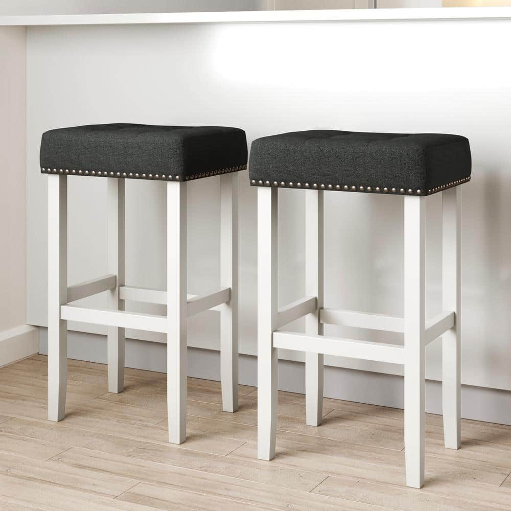 Nathan James Hylie Nailhead Wood Pub-Height Kitchen Counter Bar Stool 29 in., Dark Gray/White, Set of 2