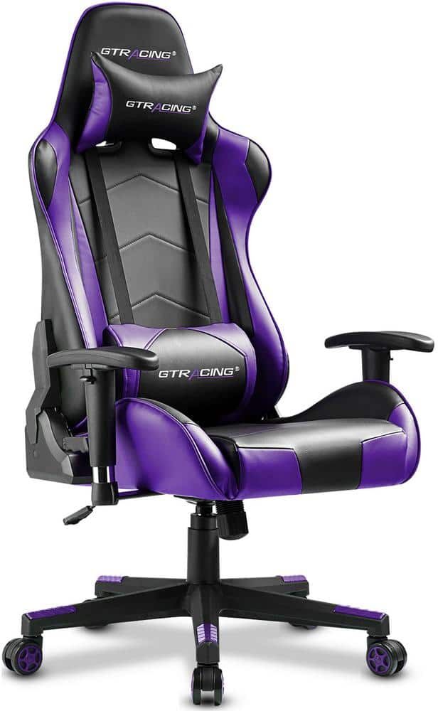 Lucklife Purple Gaming Chair Racing Office Computer Ergonomic Leather Game Chair with Headrest and Lumbar Pillow Esports Chair