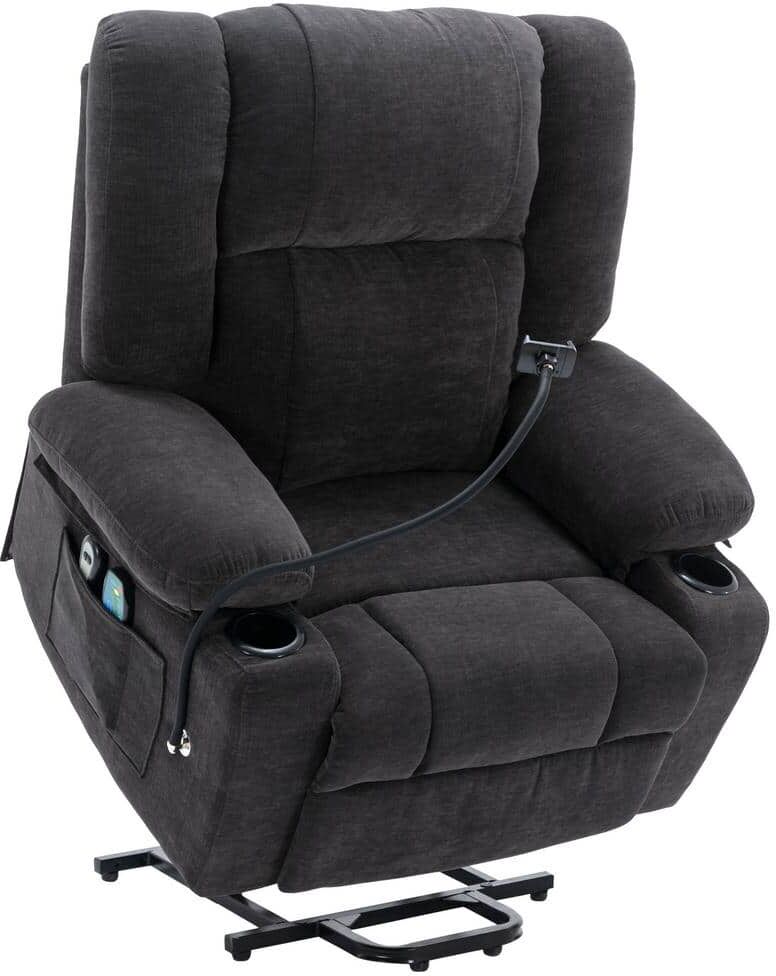 Merax Black Power Lift Massage and Heating Recliner for Elderly with Remote, Phone Holder, Side Pockets and Cup Holders