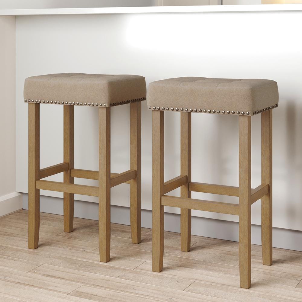 Nathan James Hylie 29 in. Nailhead Wood Pub Kitchen Counter Backless Bar Height Stool, Natural Flax/Light Brown, Set of 2