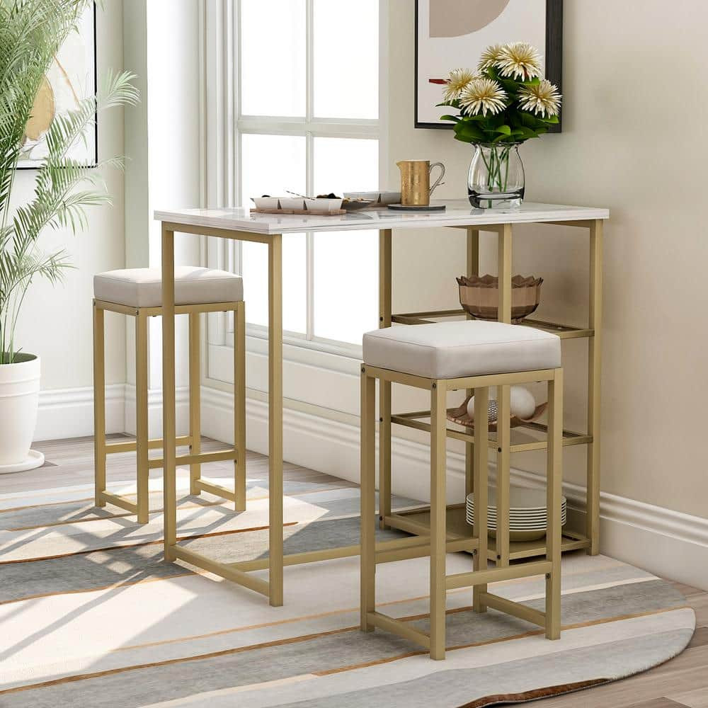 GOJANE 3-Piece Rectangular White and Gold Faux Marble Countertop Modern Bar Table Set and Bar Stools