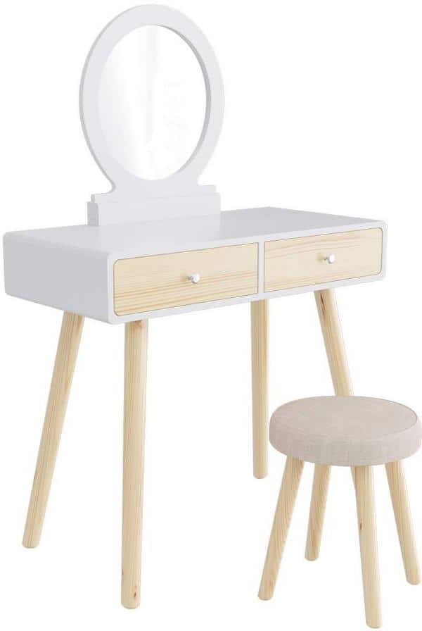 Tidoin 2-Drawer White Dresser Set with Mirror and Stool 50.4 in. H x 31.5 in. W x 15.8 in. D