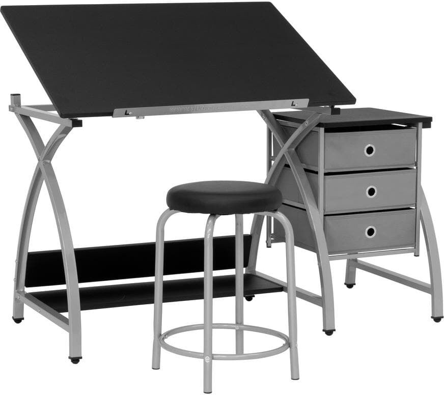 Studio Designs 50 in. 2-Piece Comet Center Plus Silver Rectangular Writing Desk with Adjustable Top 3 Pull-Out Drawers and Stool