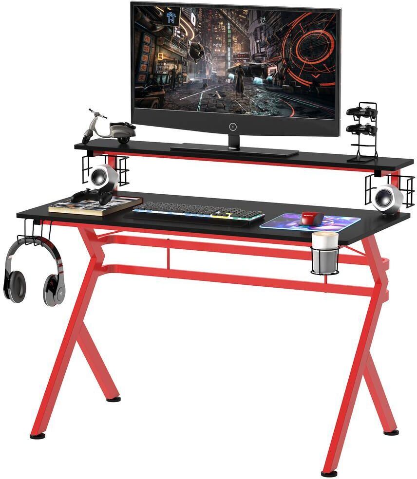 HOMCOM 47.25 in. Black/Red Computer Desk with Headphone Hook and Controller Rack