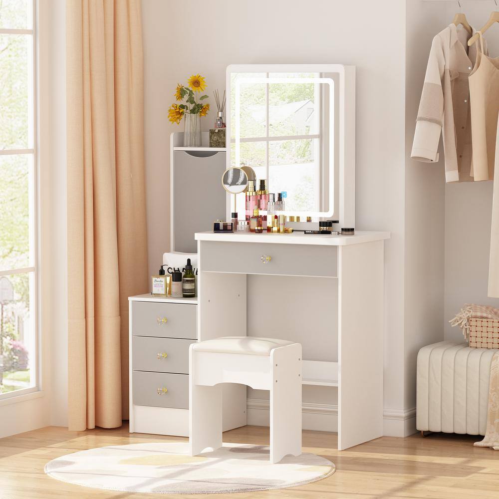 FUFU&GAGA White Wood Dresser With LED Light Mirror Makeup Vanity Sets Dressing Table With Stool, 4-Drawers and Storage Shelves