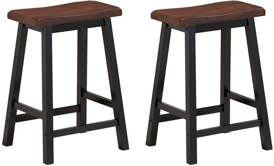 Gymax 24 in. H Brown Backless Wood Bar Stools Saddle Seat Pub Chair Home Kitchen Dining Room (Set of 2)