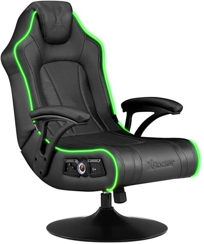 X Rocker CXR3 LED Faux Leather Swivel Ergonomic Audio Pedestal Gaming Chair in Black with Arms