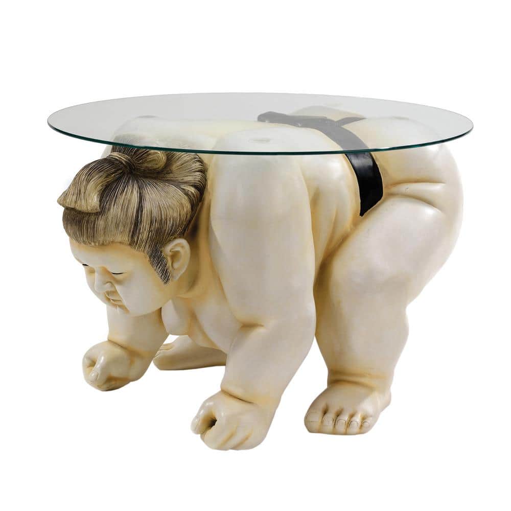 Design Toscano Basho The Sumo Wrestler Full Color 18 in. H x 27 in. W Multi-Colored Round Glass Topped Sculptural End Side Table