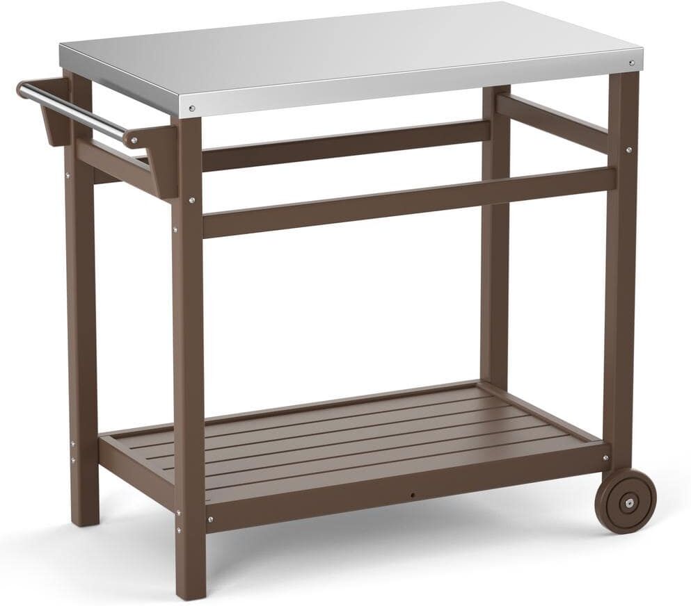 TIRAMISUBEST Brown Rectangular Stainless Steel 34 in. x 19 in. x 33 in. Outdoor Dining Table Grill Cart Prep Cart