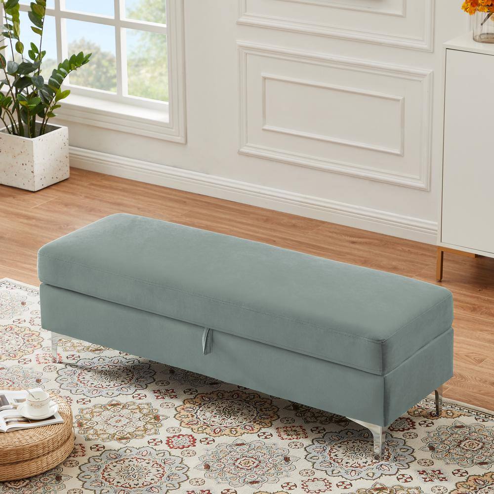 KINWELL 55.9 in. W Blue Rectangle Footstool with Storage Ottoman