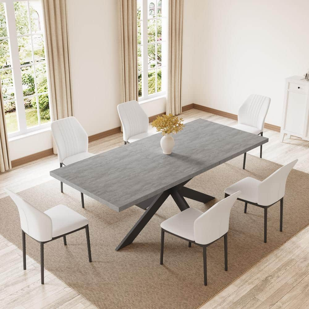 7-Piece Extendable Rectangle Dining Table Set Wooden Kitchen Table with 6 White Chairs