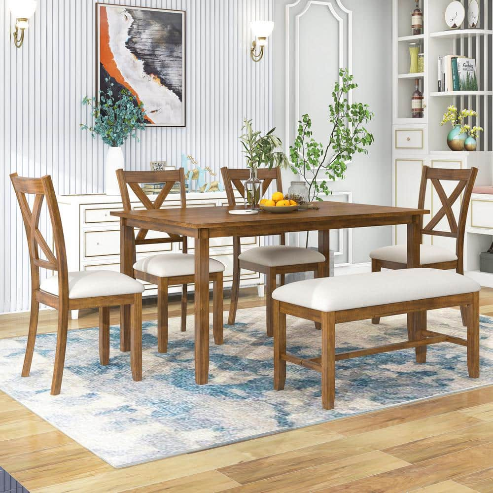 Natural Cherry 6-Piece Kitchen Dining Table Set Wooden Rectangular Dining Table 4 Fabric Chairs and Bench for Family