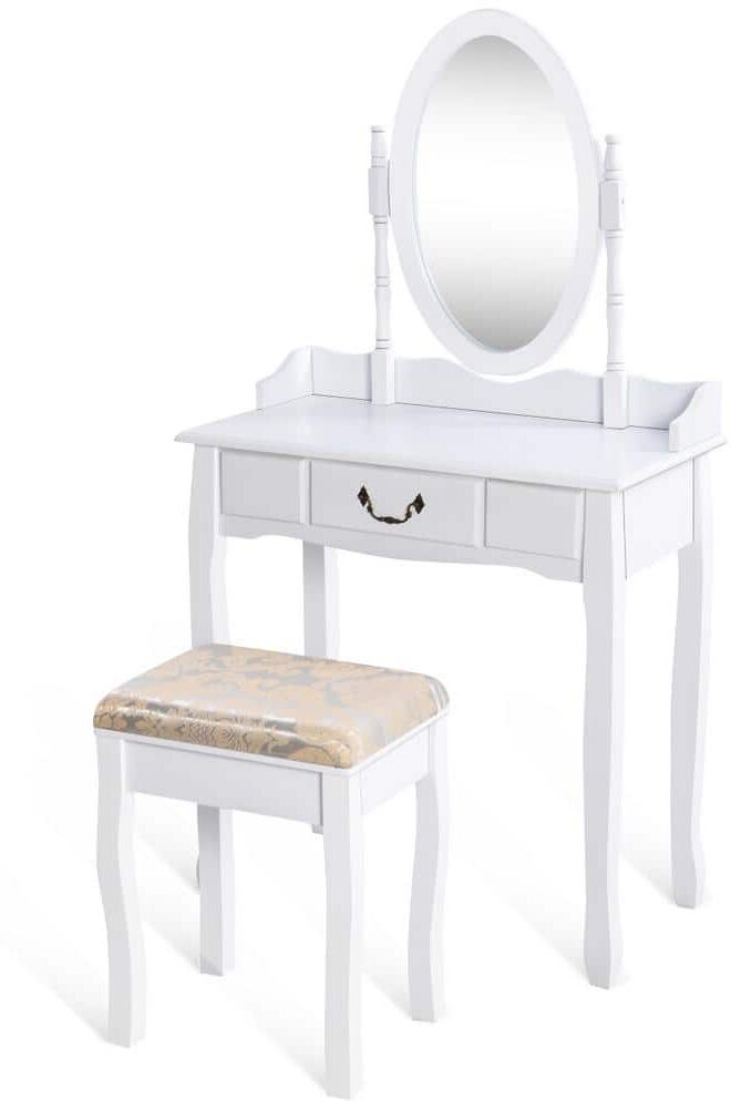 Costway White Vanity Table Jewelry Makeup Desk Bench Dresser with Cushioned Stool Drawer