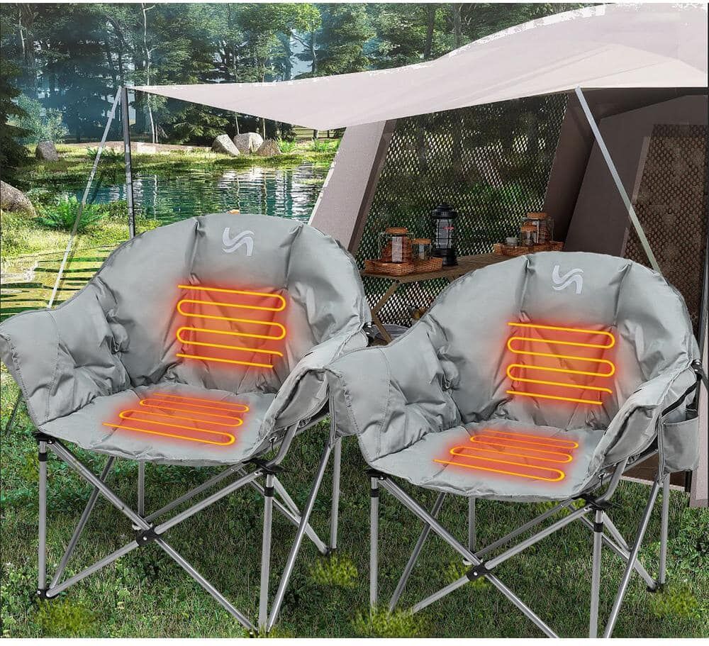 BOZTIY 2-Piece Heated Camping Chair, Heats Back and Seat, 3 Heat Levels, Heated Folding Chair with Cup Holder Supports 400 lbs.