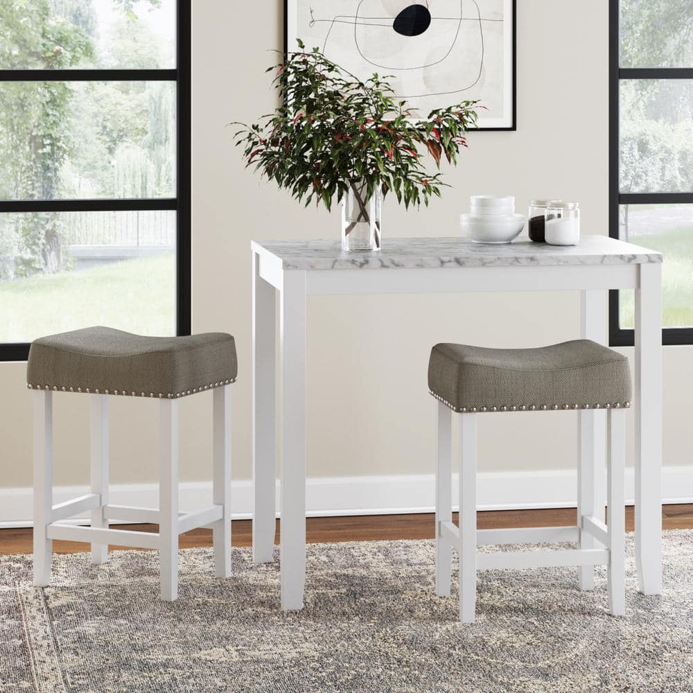 Nathan James Viktor Three-Piece Dining Set Kitchen Pub Table Marble Top White Wood Base Light Gray Fabric Seat