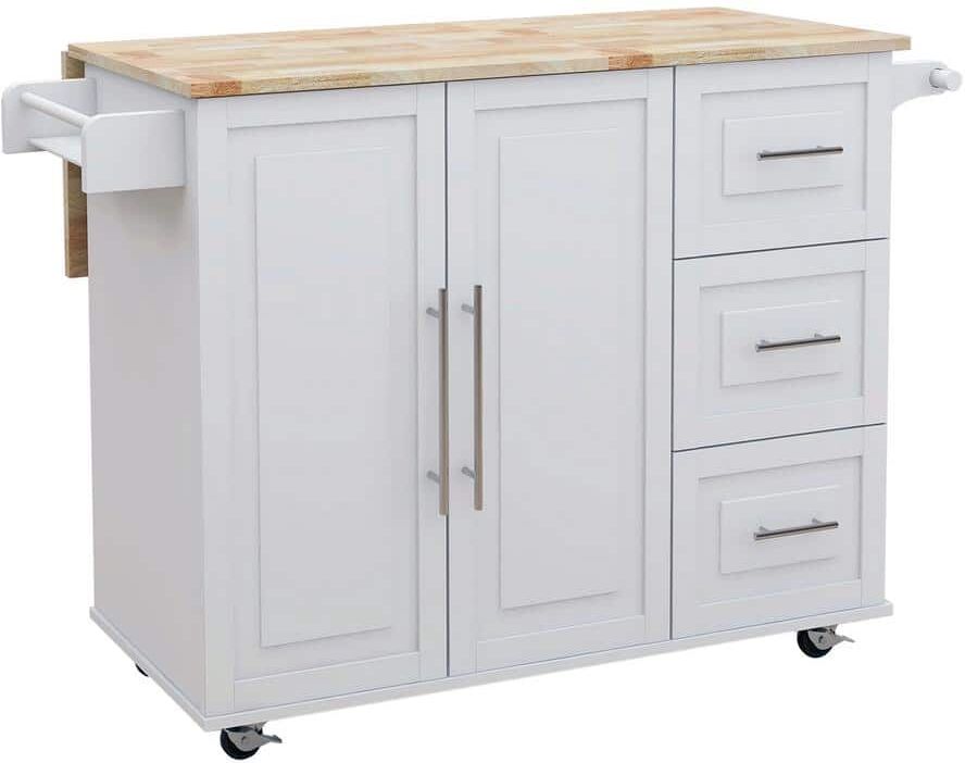 ATHMILE White Kitchen Island with Solid Wood Table Top