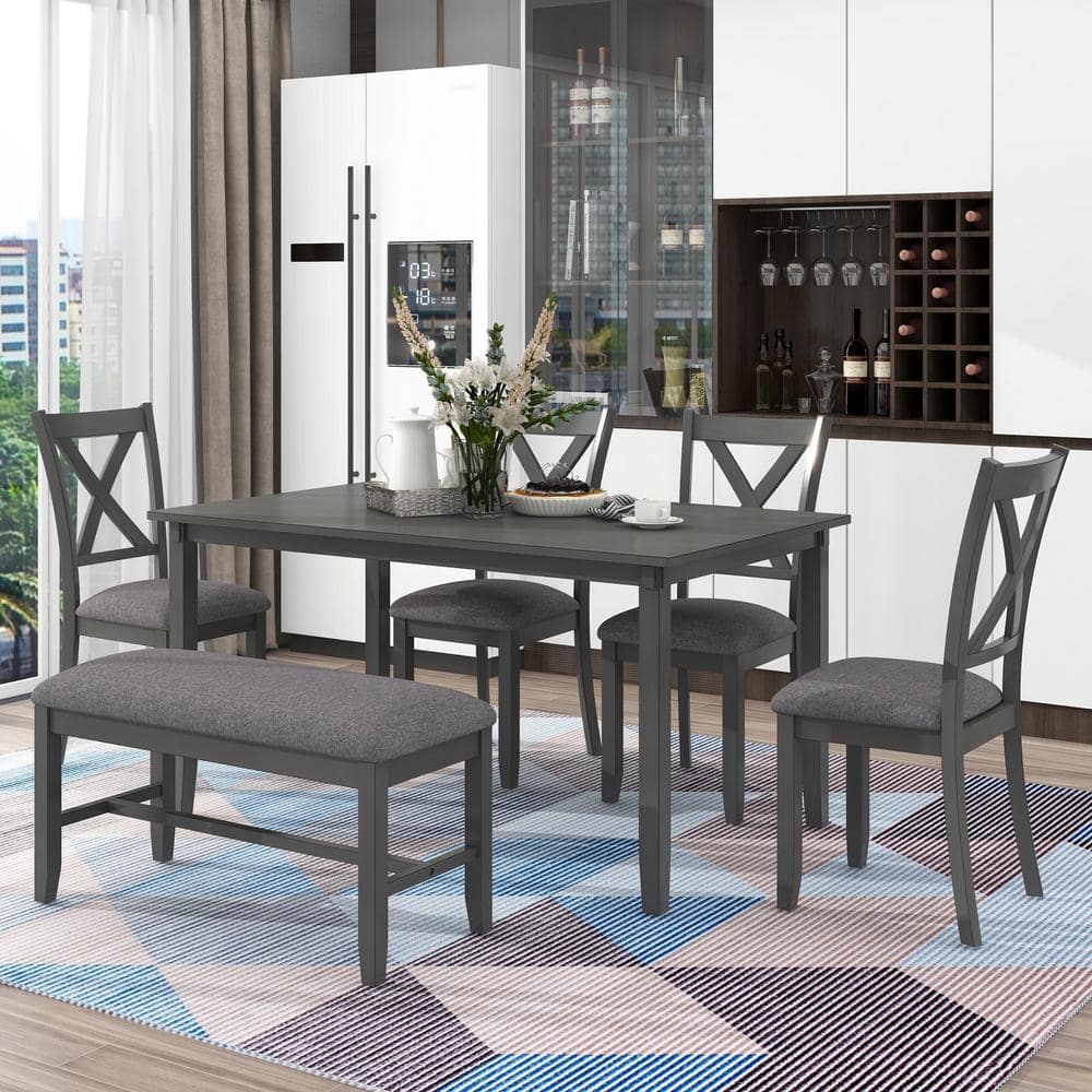 Gray 6-Piece Kitchen Dining Table Set Wooden Rectangular Dining Table 4 Fabric Chairs and Bench for Family