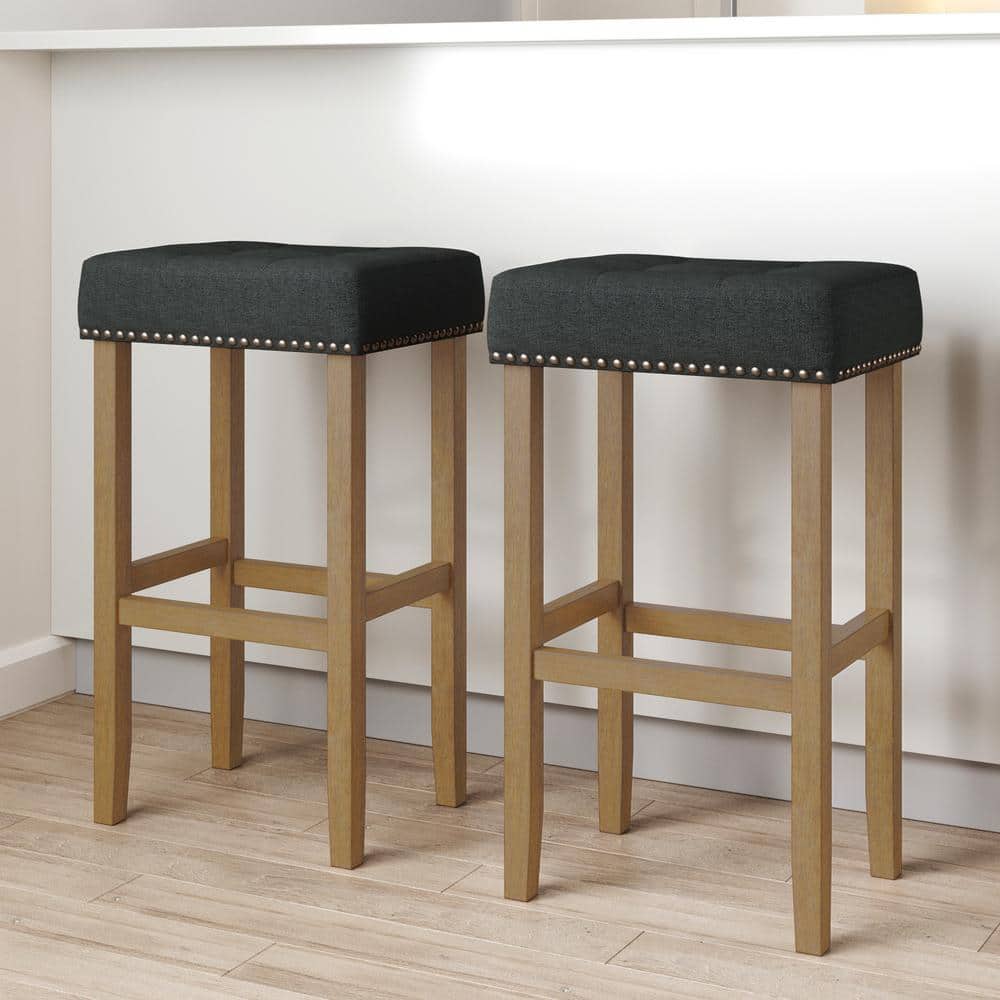 Nathan James Hylie 29 in. Nailhead Wood Pub-Height Kitchen Counter Bar Stool, Gray/Light Brown, Set of 2