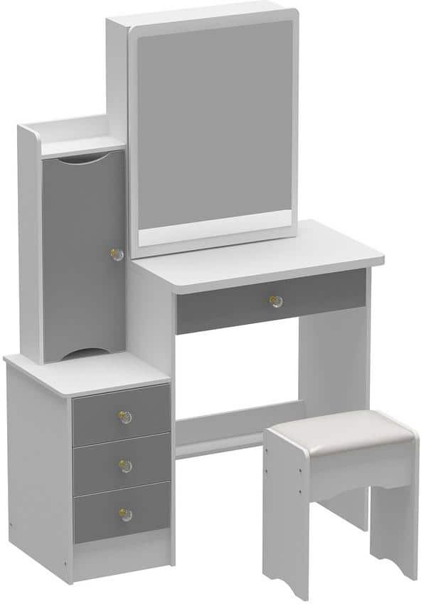 FUFU&GAGA 4-Drawers Gray Wood Dresser Dressing Table Sets with Push Pull Big Mirror, Storage Shelves and Stool