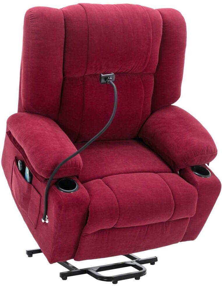 Merax Red Power Lift Massage and Heating Recliner for Elderly with Remote, Phone Holder, Side Pockets and Cup Holders