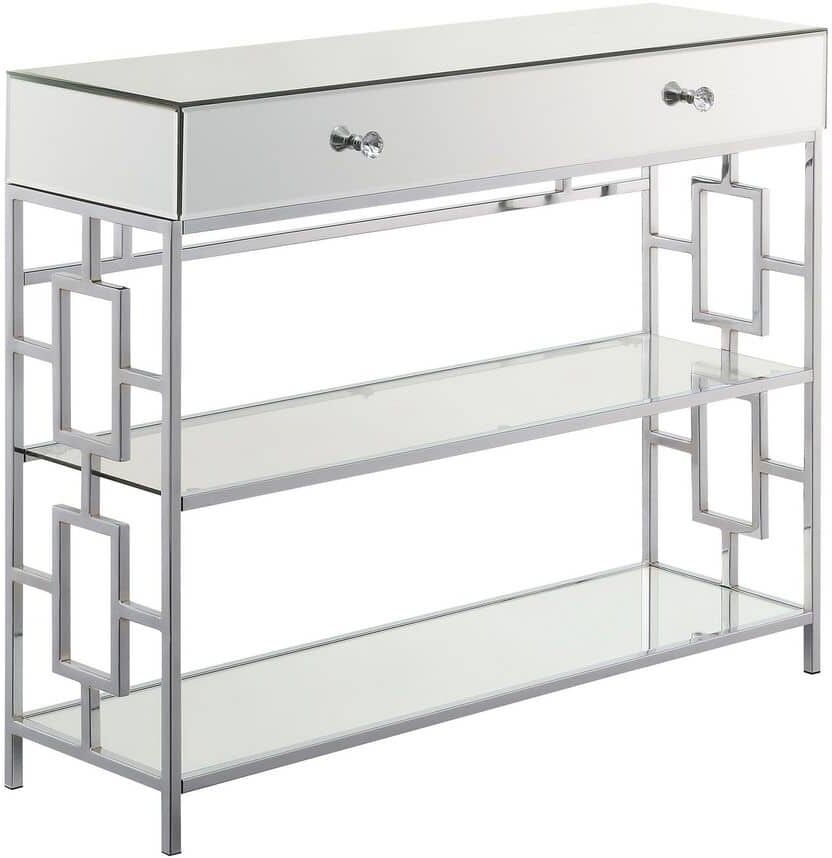 Convenience Concepts Town Square 39.5 in. Mirror/Chrome Rectangle Glass Top 1 Drawer Console Table with Shelves