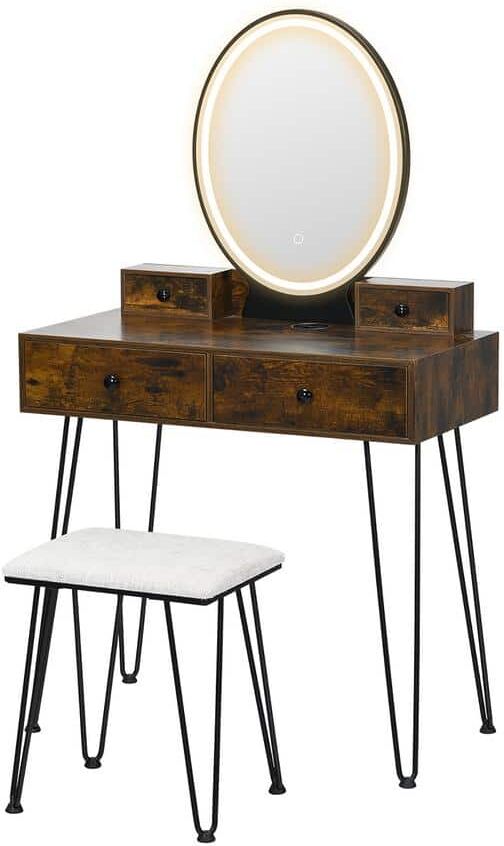 Costway Black Industrial Armoire Vanity Makeup Dressing Table Padded Stool Set 3-Color Lighted Mirror 53.5 in. x 31 in. x 16 in.