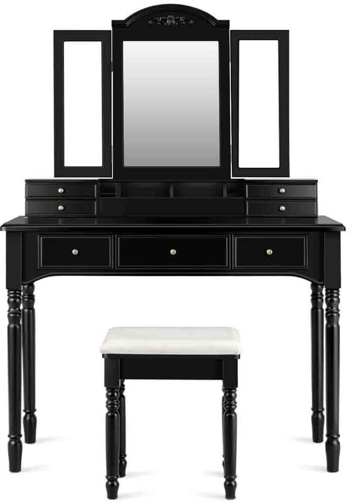 HONEY JOY Black Vanity Makeup Dressing Table Set Armoire w/Drawer Mirror Necklace Hook