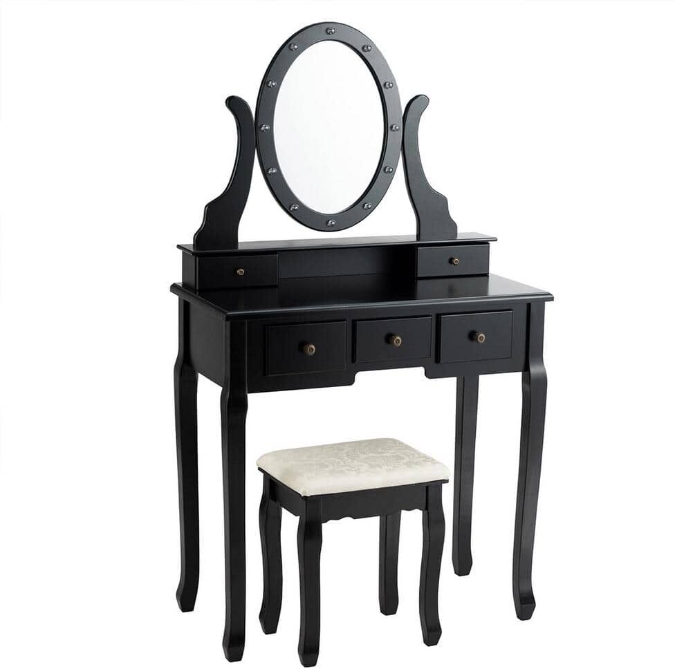 Costway Black Wood Vanity Set Makeup Dressing Table Chair with 5-Drawers and Lighted Mirror