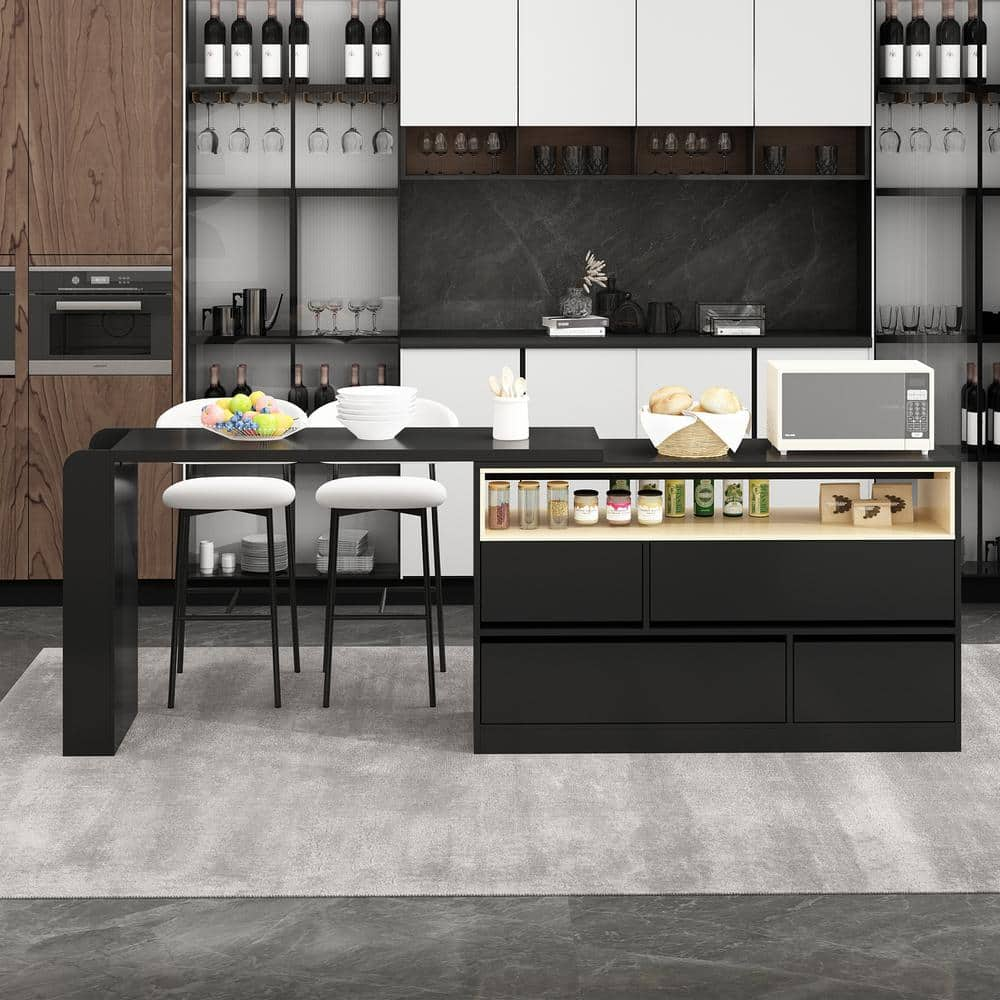 FUFU&GAGA Black Wood 94.5 in. W Kitchen Island Dining Bar Table With Moveable Tabletop Shelves Drawers