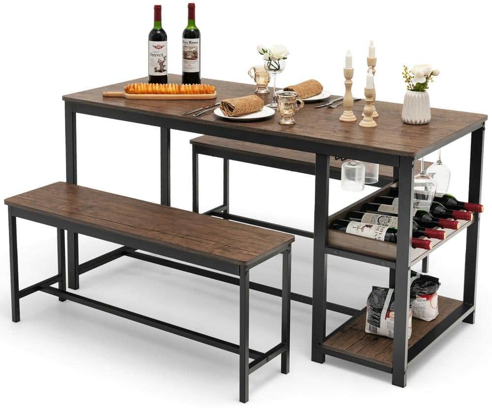 Costway 3-Pcs Dining Table (Set for 4) Kitchen Dining Room Table and 2-Benches W/Wine Rack in Coffee, Black