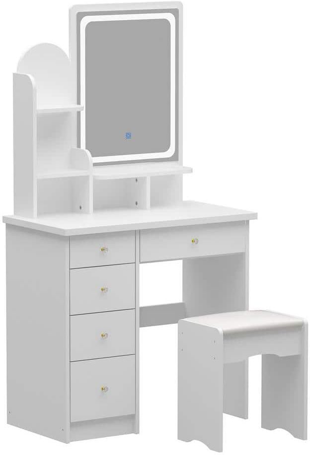 FUFU&GAGA 5-Drawers White Wood Dresser Makeup Vanity Sets Dressing Table with Stool, Mirror and 3-Tier Storage Shelves