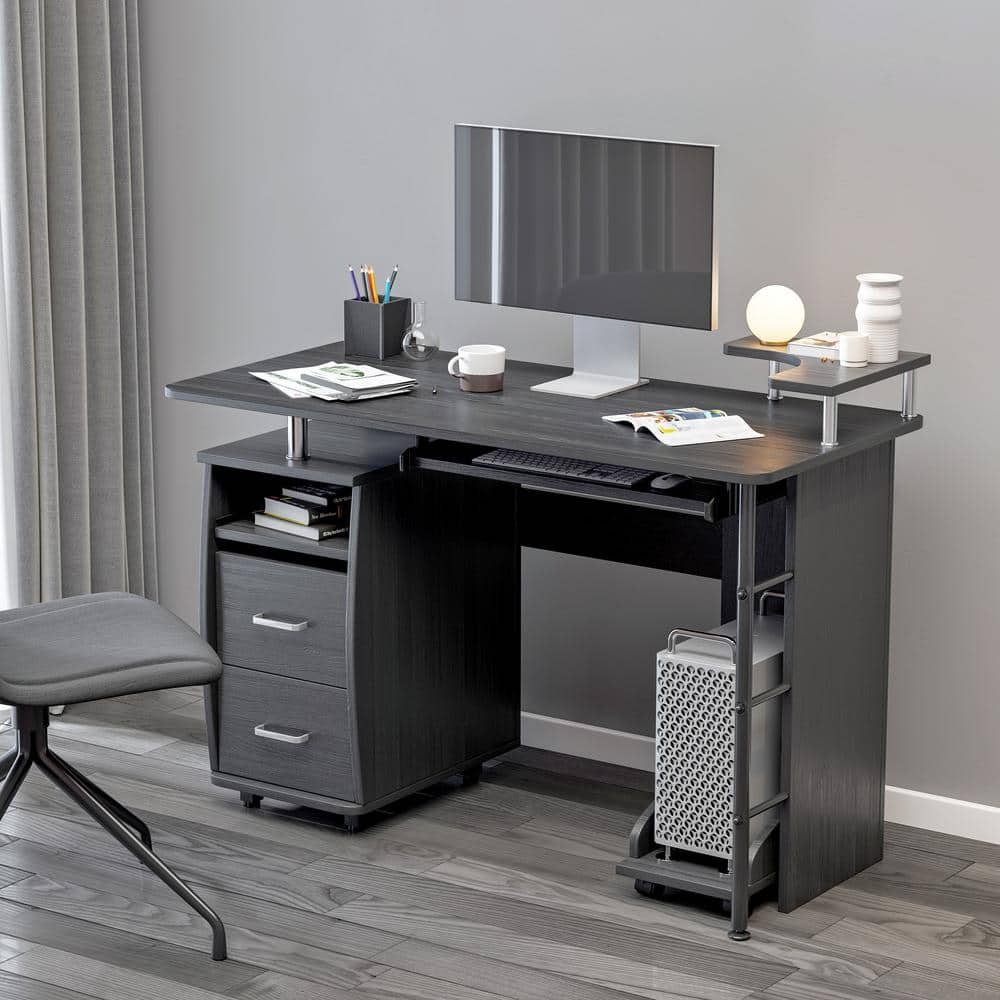 Magic Home 47 in. Black Solid Wood Office Computer Desk Table with PC droller, Foot Pads, Storage File Cabinet, Drawers, CPU Tray