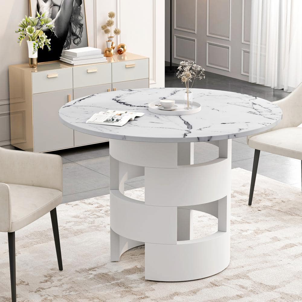 Magic Home 42.12 in. Modern Round Dining Table with White Marble Table Top for Dining Room, Kitchen, Living Room