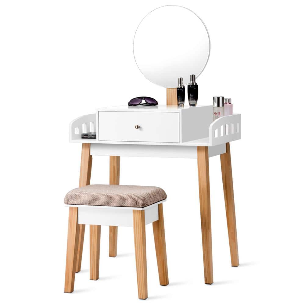 Costway 1-Drawer White Wooden Vanity Makeup Dressing Table Stool Set Round Mirror