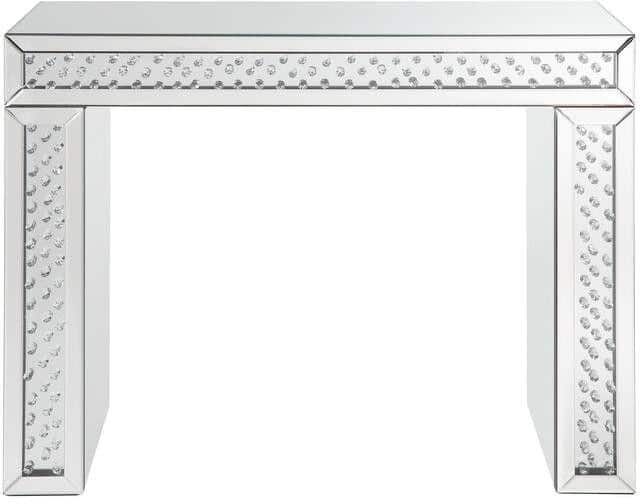 Benjara Silver Mirror Accented Wood and Glass Vanity Desk with Faux Crystal Inlay