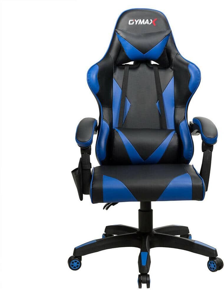 FORCLOVER Blue Leather Reclining Swivel Game Chair with Adjustable Arms and Lumbar Massage Cushion