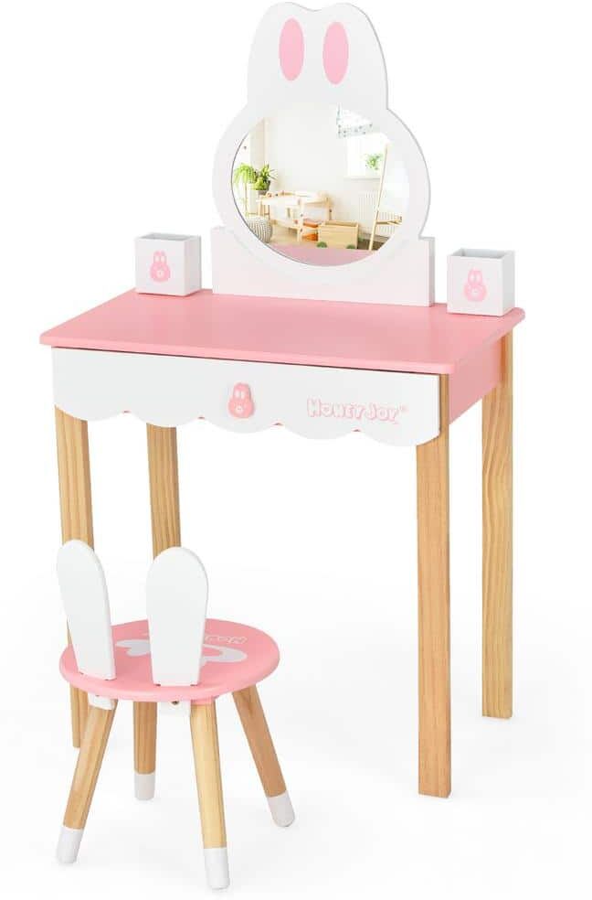 Costway Kids Vanity Set Rabbit Pink Armoire Makeup Dressing Table Chair Set 40.5 in. x 23.5 in. x 13.5 in.