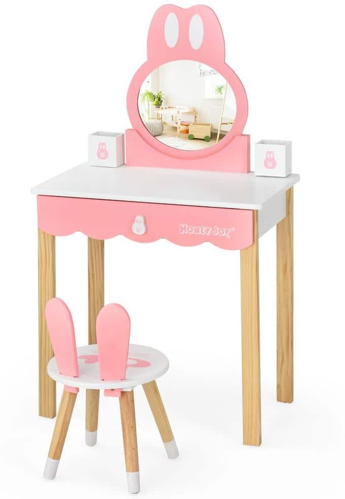 Costway Kids Vanity Set Rabbit White Armoire Makeup Dressing Table Chair Set 40.5 in. x 23.5 in. x 13.5 in.