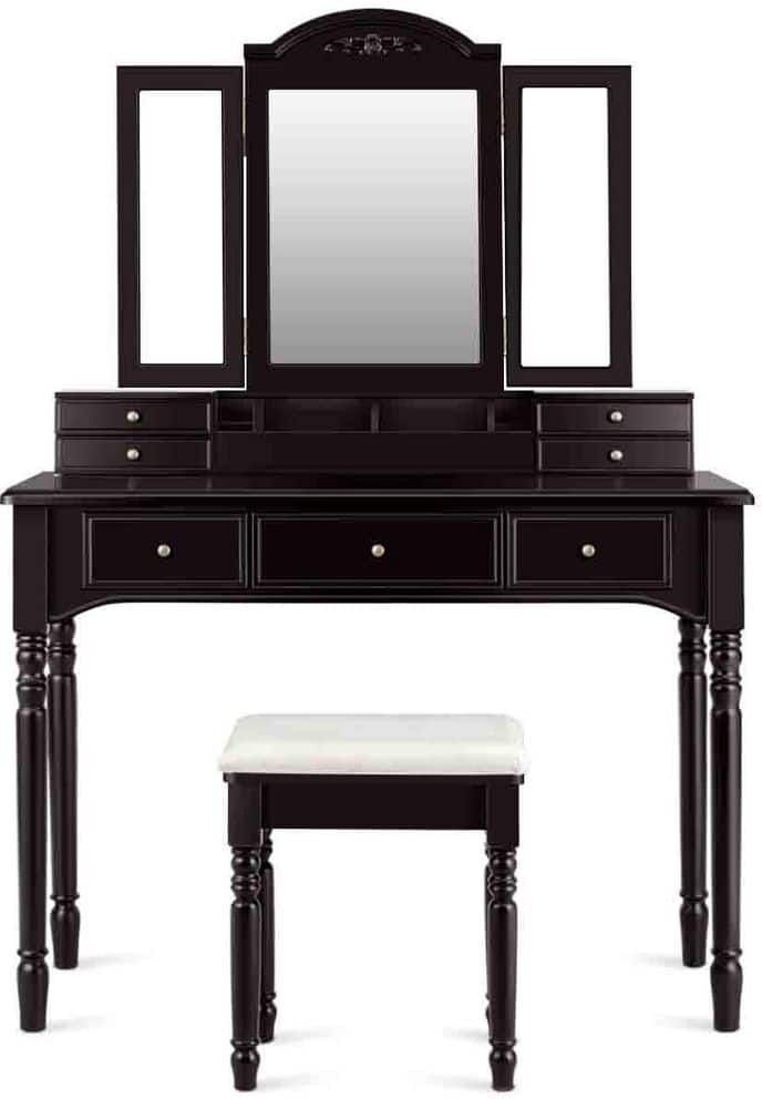 HONEY JOY Coffee 7 Drawers Tri-Folding Vanity Mirror Makeup Dressing Table Set Armoire w/Necklace Hook