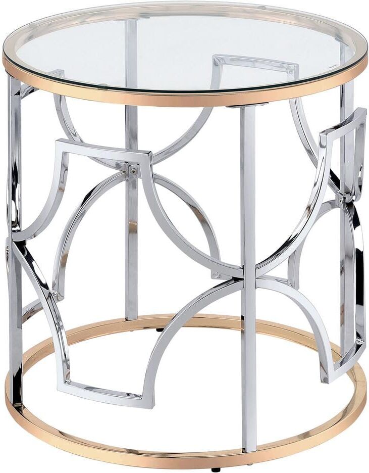 Furniture of America Tuba 23 in. Chrome and Gold Round Glass End Table