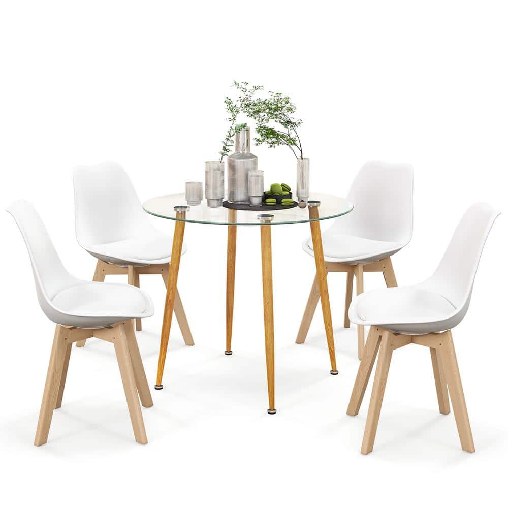 Costway White Dining Table Set for 4 Modern Kitchen Table Set with Round GlassTempeTable and 4 Chairs