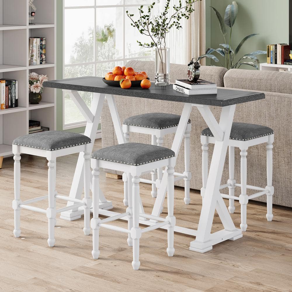 Magic Home 5-Piece Dining Set Mid-century Counter Height Kitchen Dining Table with Trestle Leg and Stools for Small Place, White