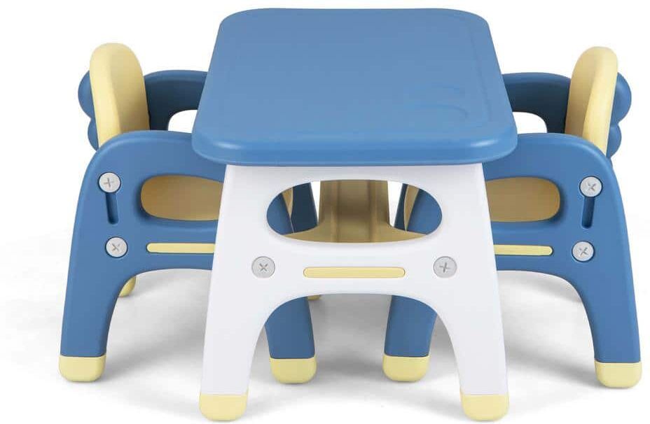 Costway 3-Piece Plastic Top Kids Table and 2 Chairs Set Activity Art Desk with Storage Shelf & Building Blocks