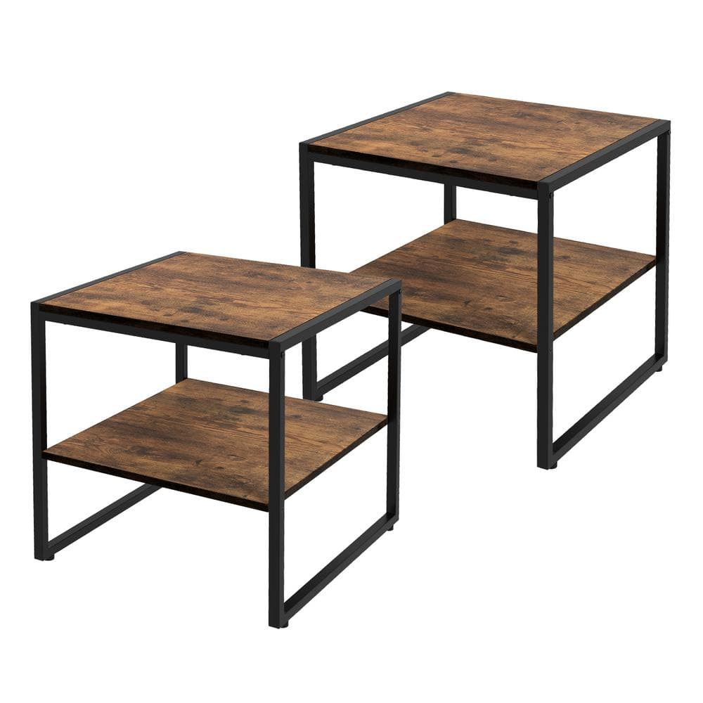 HONEY JOY 20 in. Brown Square End Table 2-tier Side Table with Open Shelf Metal Frame Industrial Tea Table Set of 2