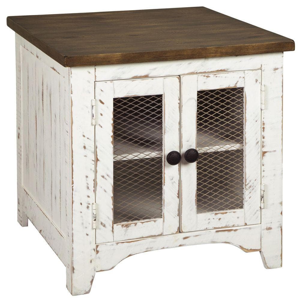 Benjara 24 in. White and Brown Rectangle Wood End Table with Metal Grill Cabinet