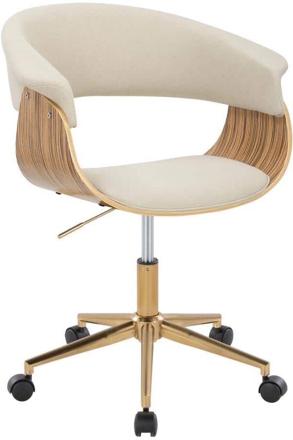 Lumisource Vintage Mod Fabric Adjustable Height Office Chair in Cream Fabric, Zebra Wood and Gold Metal with 5-Star Caster Base