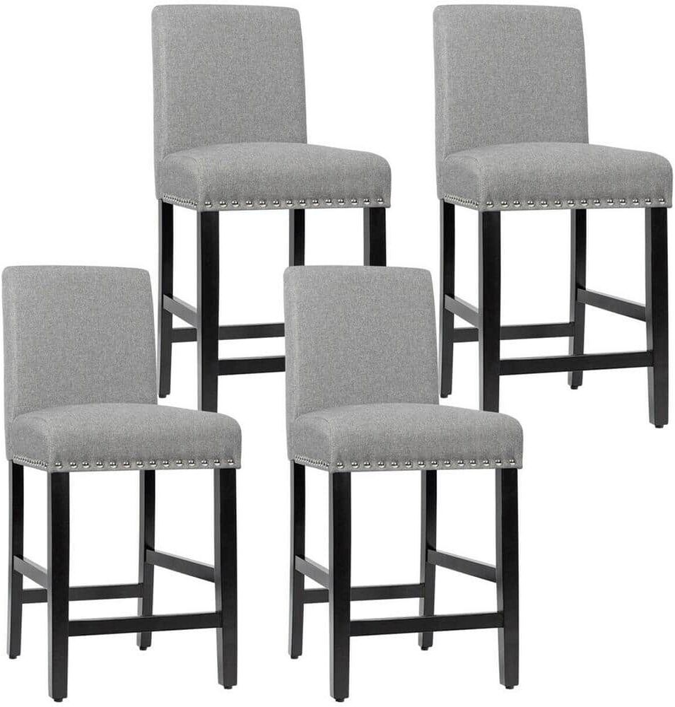 Gymax 38 in. Upholstered Counter Stools Bar Stool High Back Wood Home Kitchen with Wooden Legs Grey (4-Pieces)