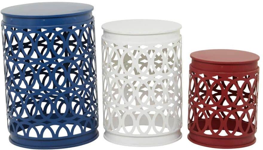 Litton Lane 16 in. Multi Colored Indoor Outdoor Nesting Large Round Iron End Accent Table with Carved Trellis Design (3- Pieces)